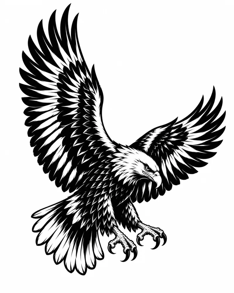 Blackwork eagle tattoo design in flight with negative-space feathers, for the upper arm