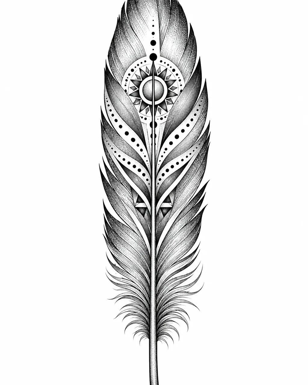 Dotwork eagle feather tattoo design with ornamental patterns, for the forearm