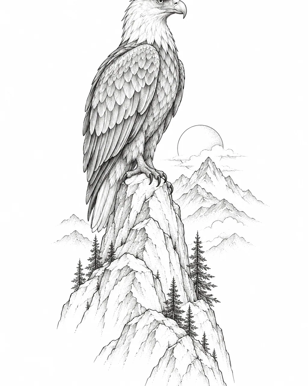 Fine line eagle tattoo design perched on a mountain peak, for the forearm