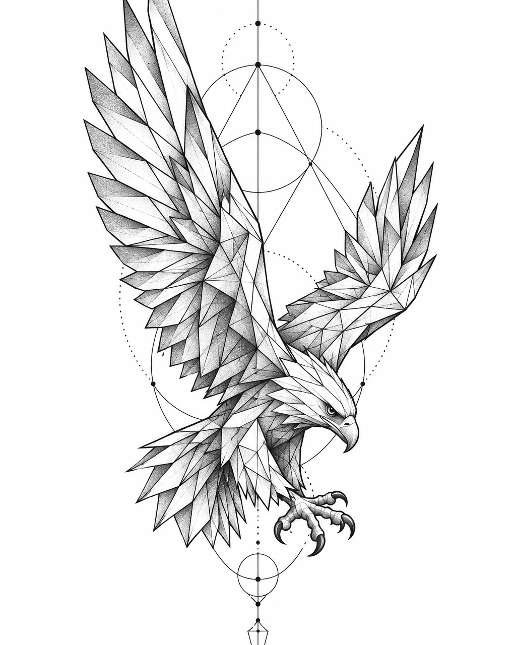 Geometric eagle tattoo design diving with faceted wings, for the forearm