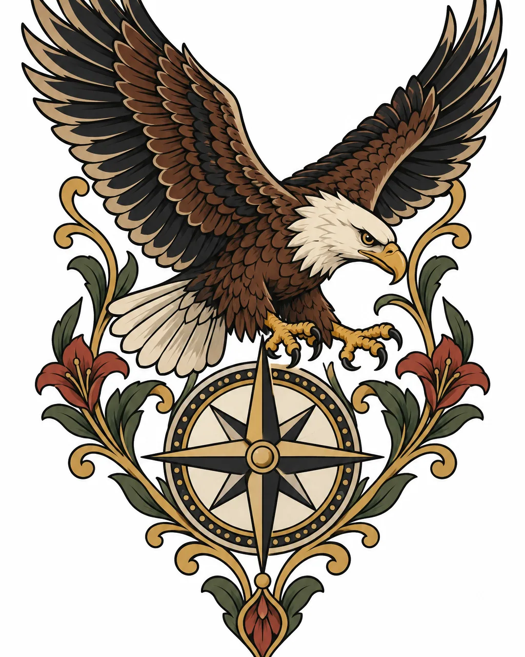 Neo-traditional eagle tattoo design above a compass rose, for the upper arm