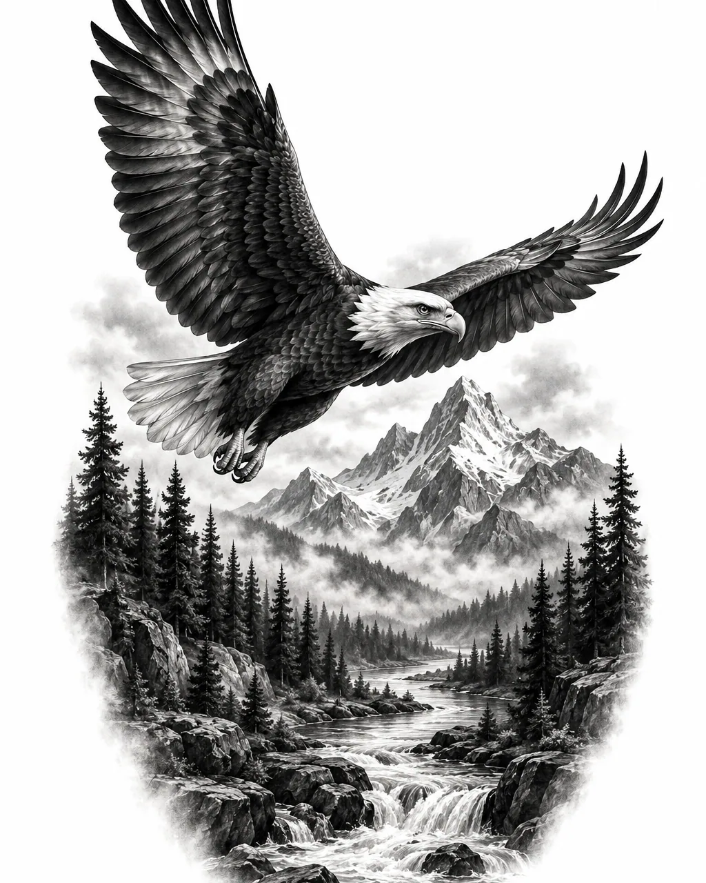Black and grey realism eagle tattoo design soaring over a forest, for the calf