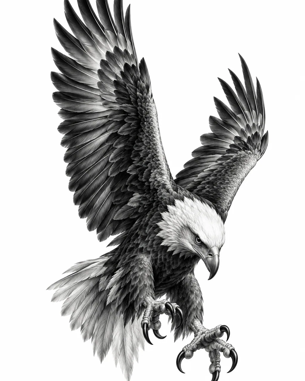Black and grey realism eagle tattoo design diving with raised wings, for the forearm