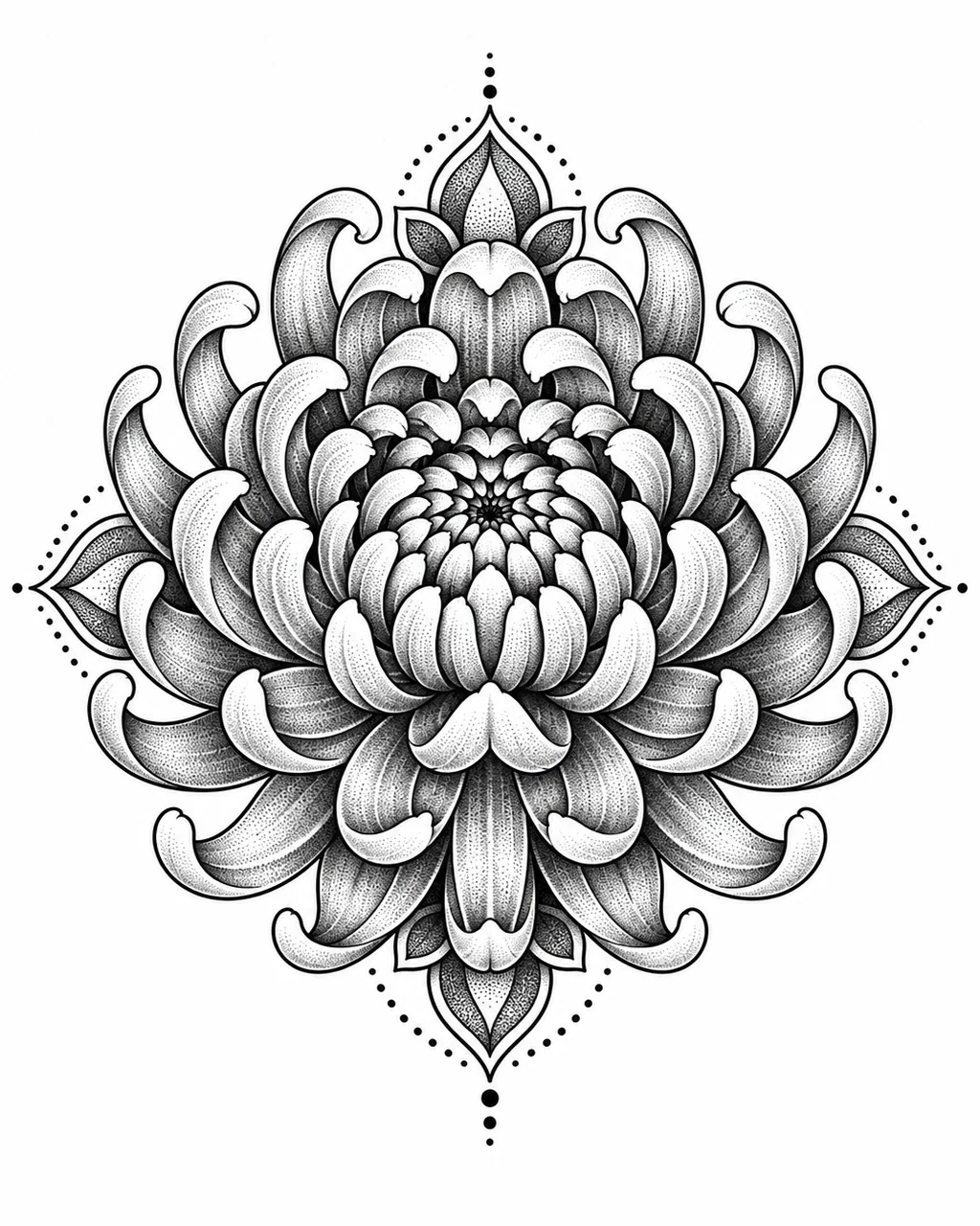 Dotwork chrysanthemum flower tattoo design as a round medallion, for the upper arm