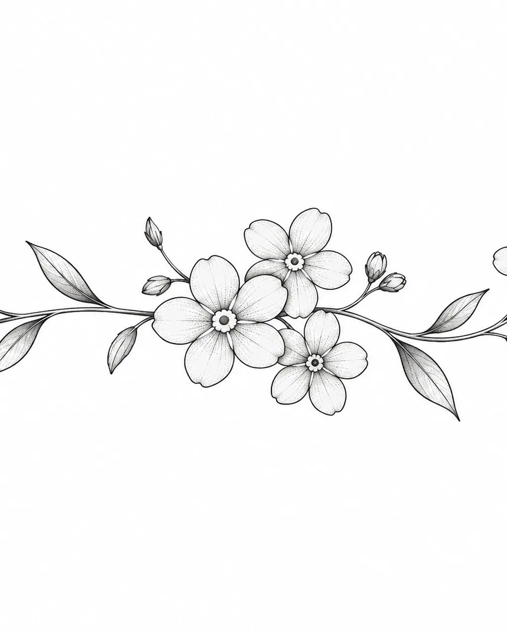 Fine line forget-me-not flower tattoo design on a trailing stem, for the ankle