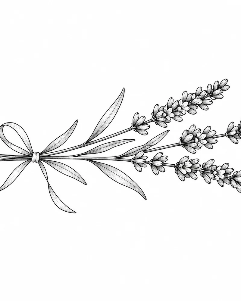 Fine line flower tattoo design of a lavender bundle with a bow, black ink, for the ankle
