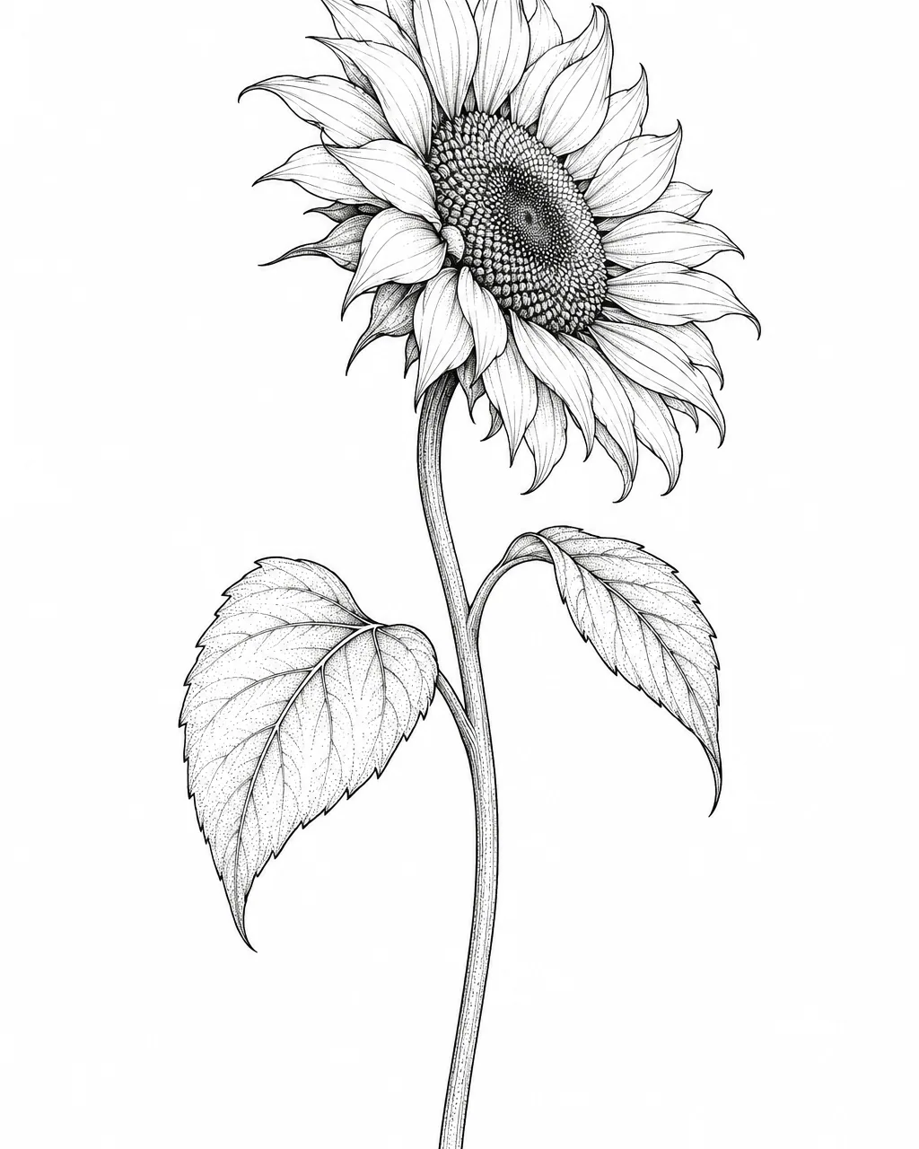 Fine line sunflower tattoo design on a tall stem, black ink, for the calf