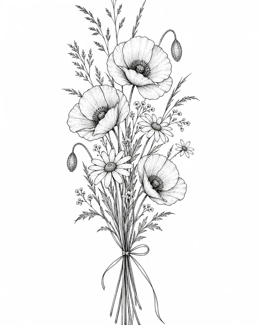 Fine line flower tattoo design of a tied wildflower bouquet, for the forearm