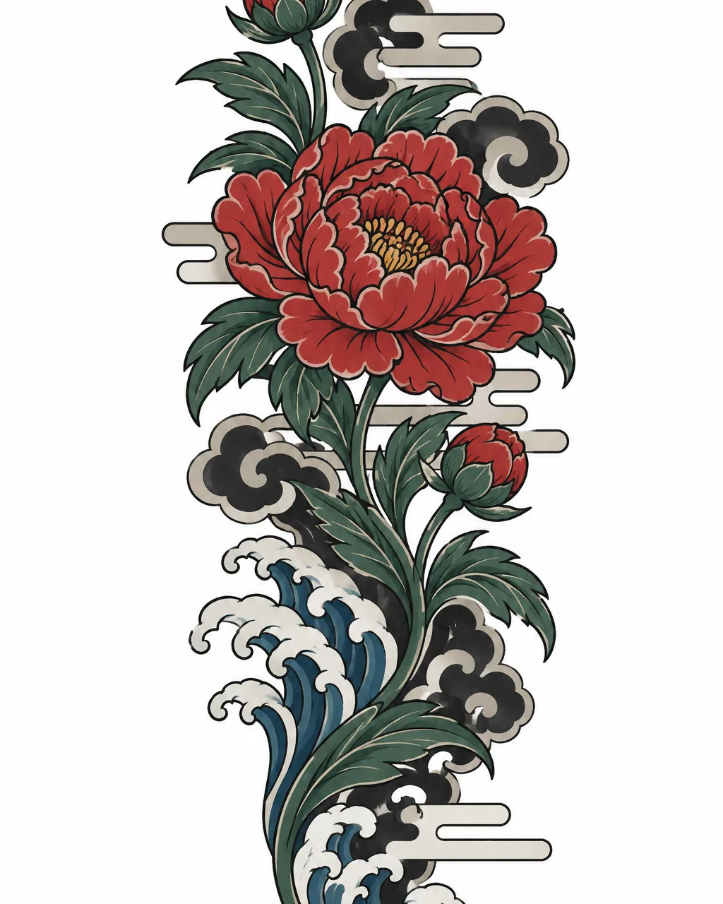 Japanese flower tattoo design of a peony with wind bars in color, for the forearm