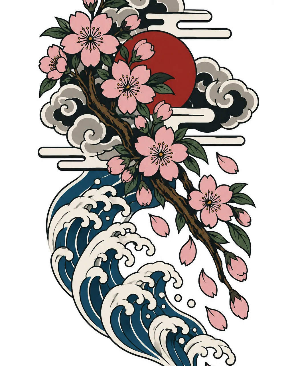 Japanese cherry blossom flower tattoo design with falling petals, for the upper arm