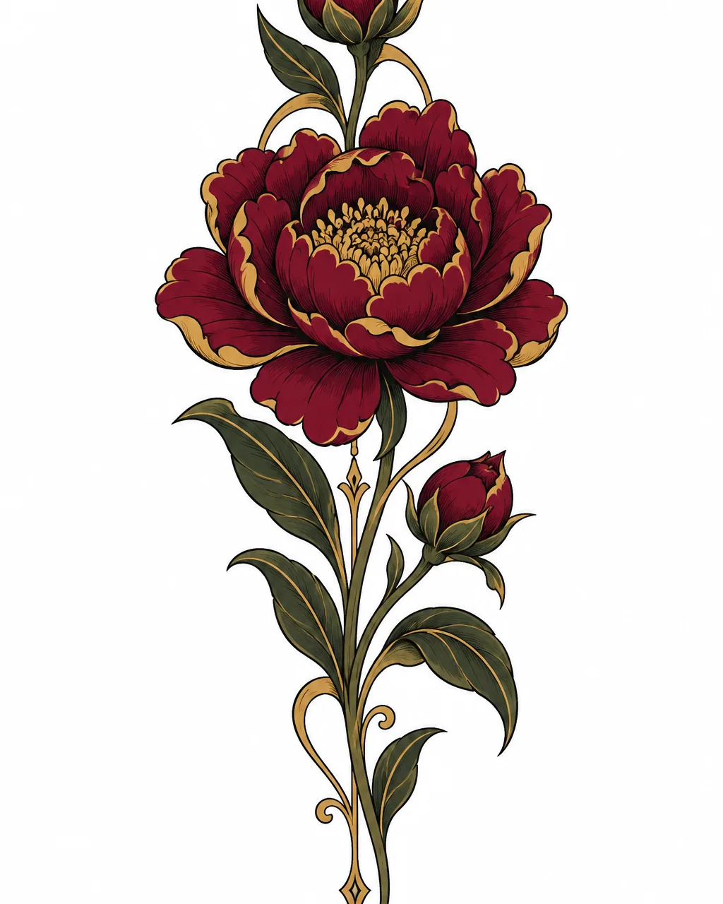 Neo-traditional flower tattoo design of a peony in burgundy and gold, for the forearm