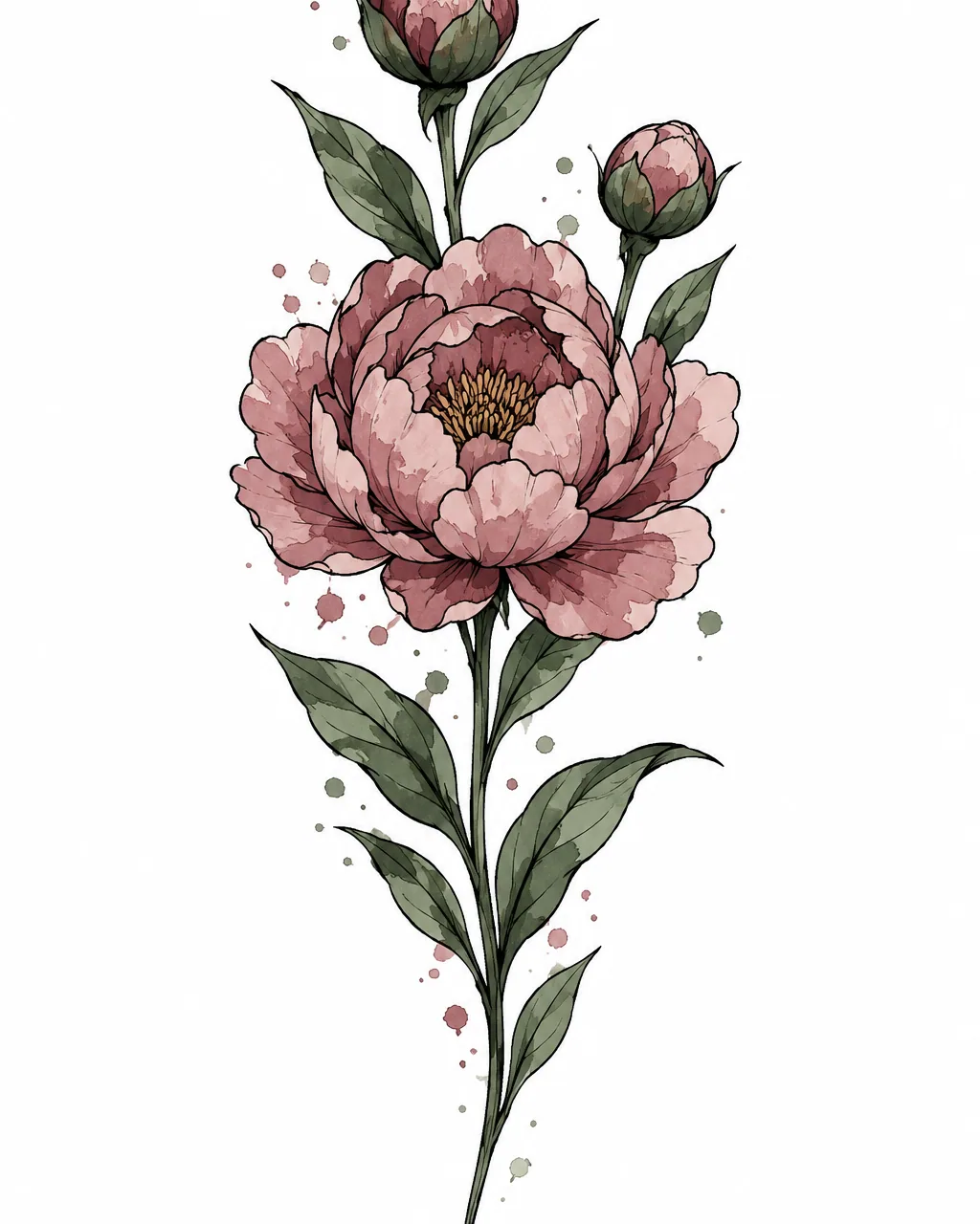 Watercolor flower tattoo design of a peony stem in dusty rose, for the forearm