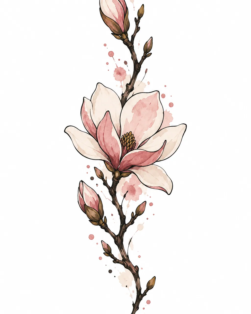 Watercolor magnolia flower tattoo design on a bare branch, for the forearm