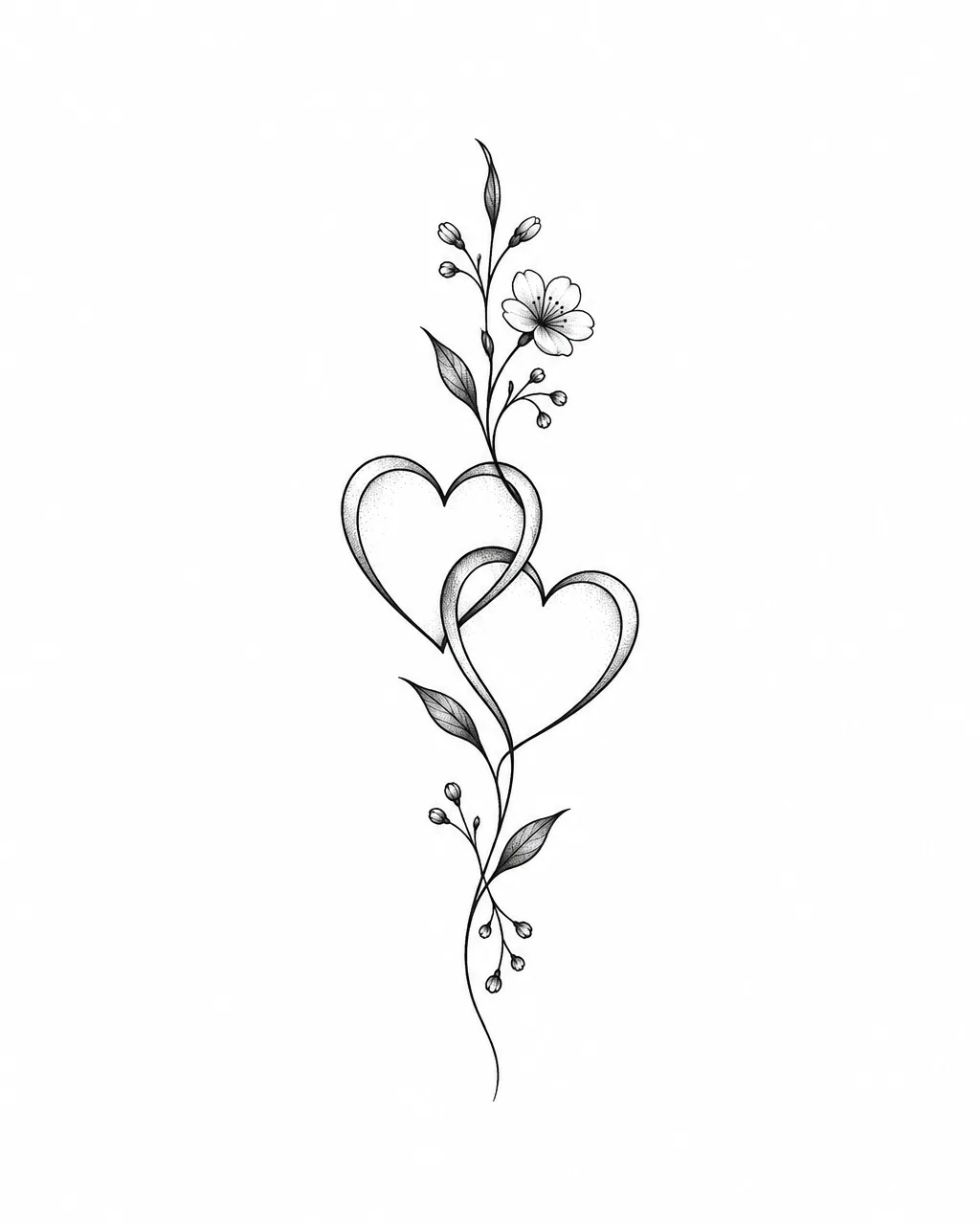 Fine line tattoo design of two interlinked hearts, for a finger