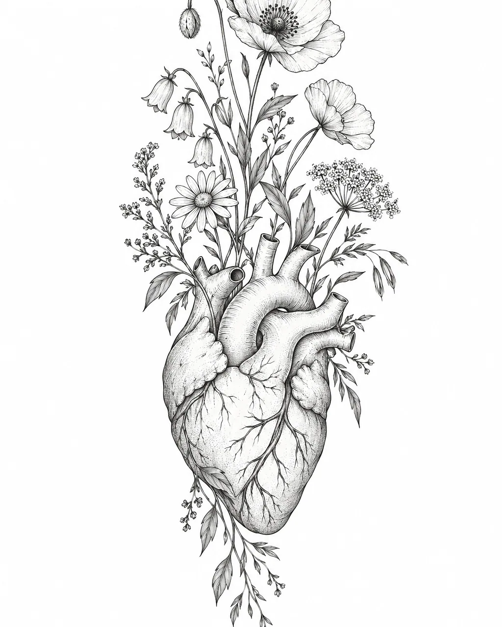 Fine line anatomical heart tattoo design with wildflowers, for the forearm