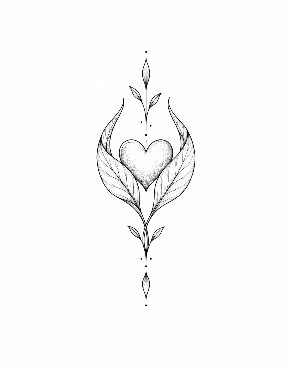 Fine line heart tattoo design cradled by leaves, for the back of the neck