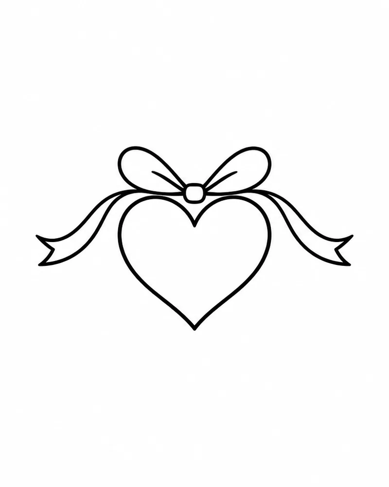 Minimalist heart tattoo design: a heart outline with a small bow on top, black and grey, for the ankle
