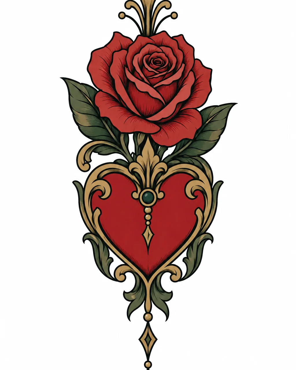 Neo-traditional heart tattoo design with a rose on top, for the forearm