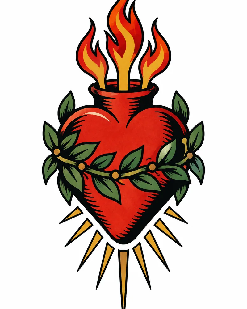American traditional sacred heart tattoo design with flames and leaves, for the forearm