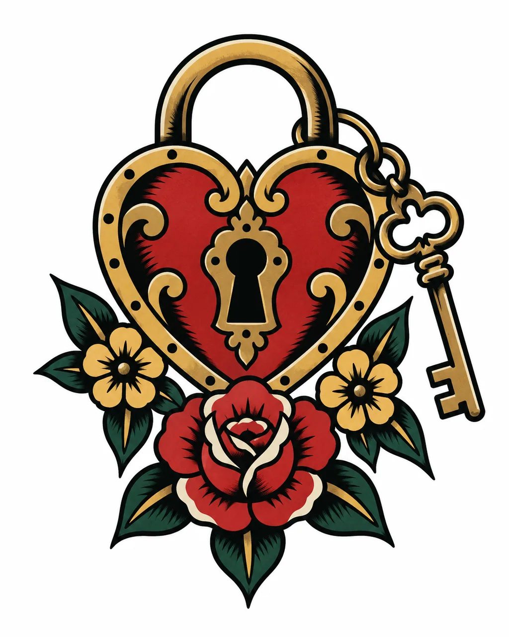American traditional heart padlock and key tattoo design, for the upper arm
