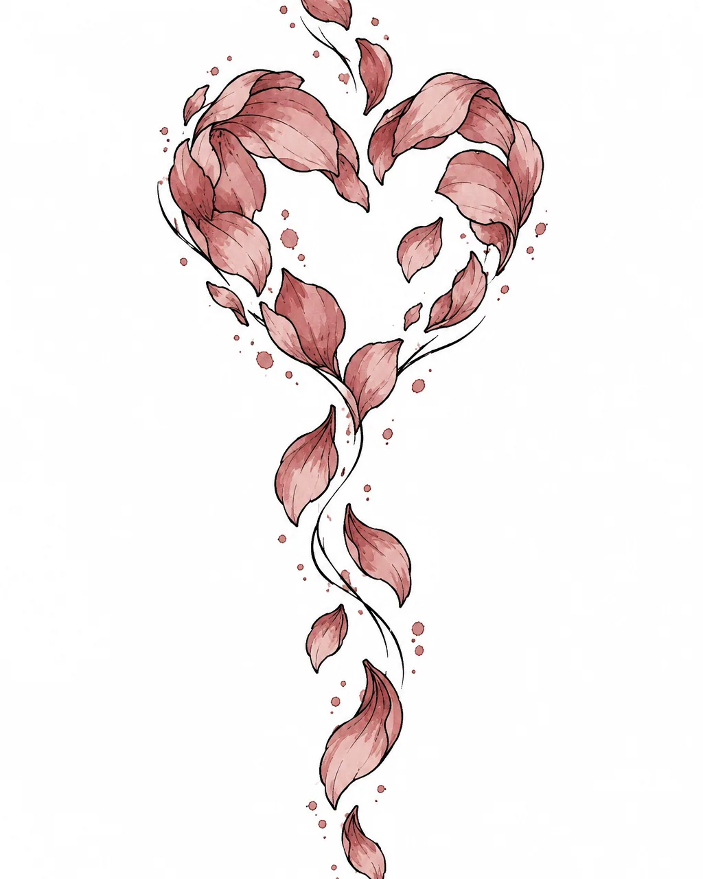 Watercolor heart tattoo design made of falling petals, for the forearm