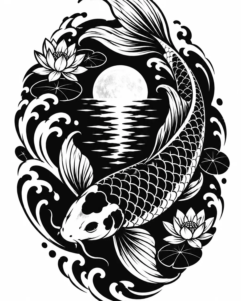 Blackwork koi fish tattoo design circling a moon reflection, for the upper arm