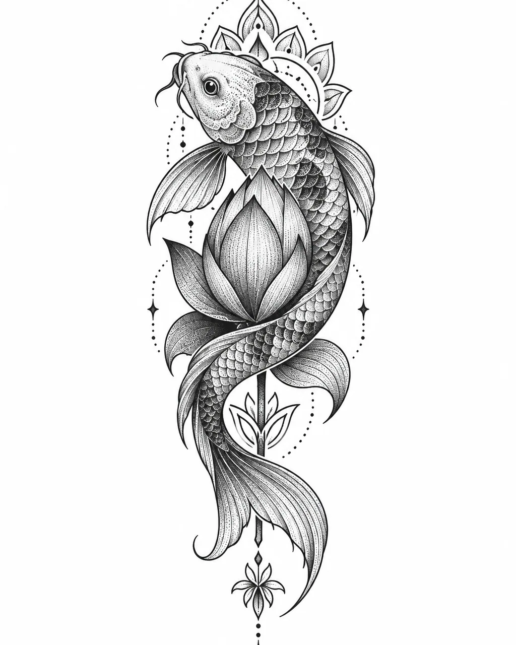 Dotwork koi fish tattoo design coiled around a lotus bud, for the forearm
