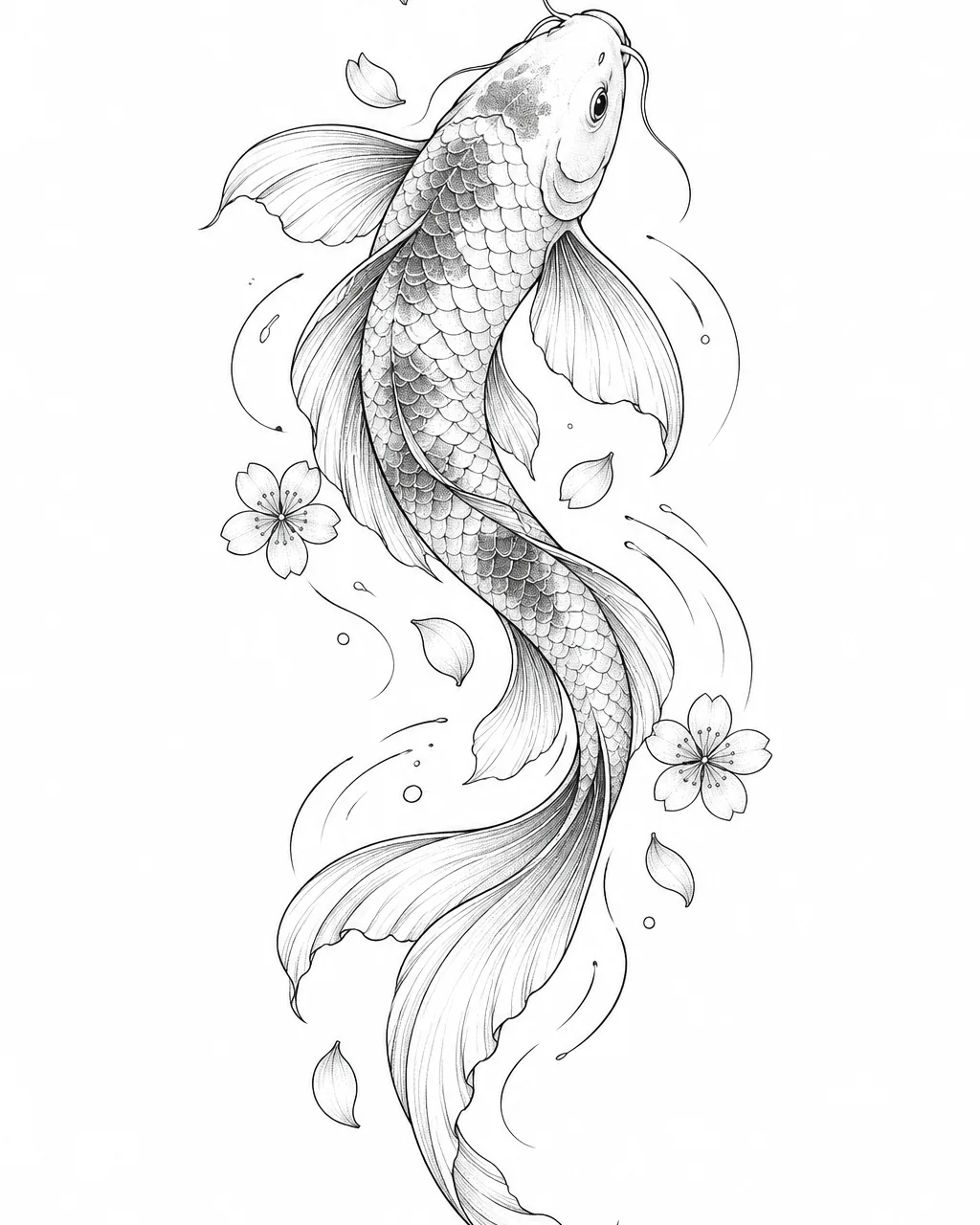 Fine line koi fish tattoo design swimming upward with petals, black ink, for the calf