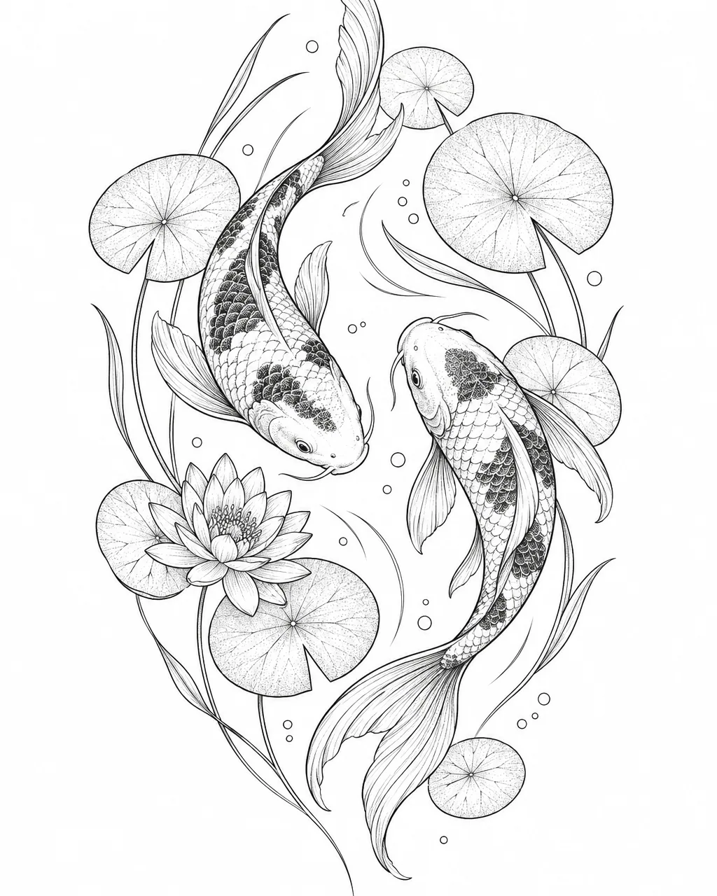 Fine line koi fish tattoo design of two koi among lily pads, for the upper arm