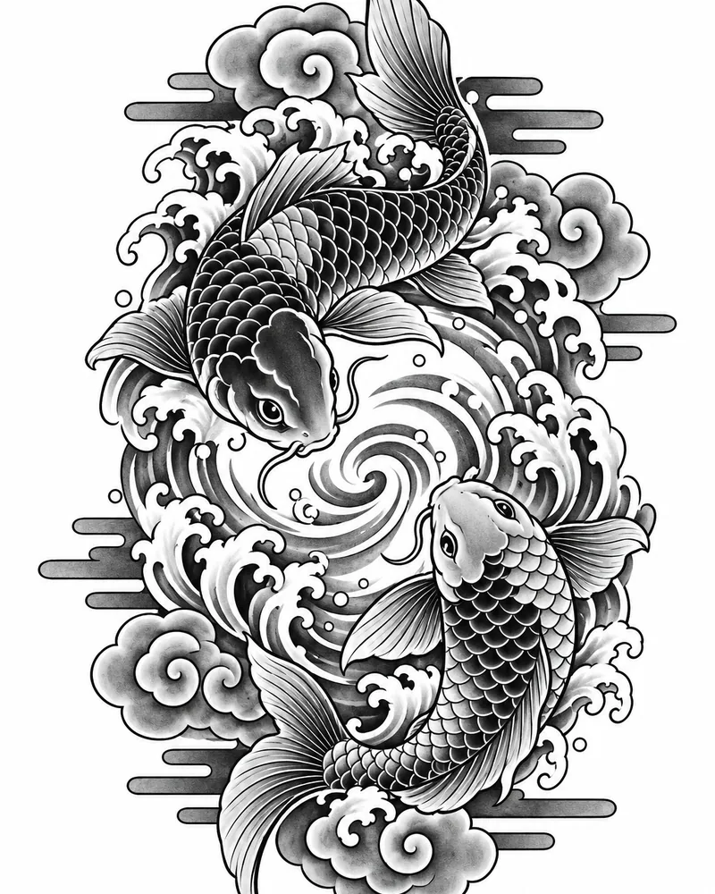 Japanese koi fish tattoo design of two koi circling, black and grey, for the calf