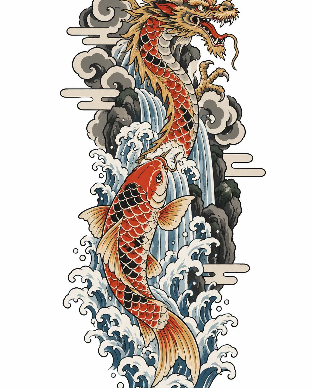 Japanese koi fish tattoo design climbing a waterfall into a dragon, for the forearm