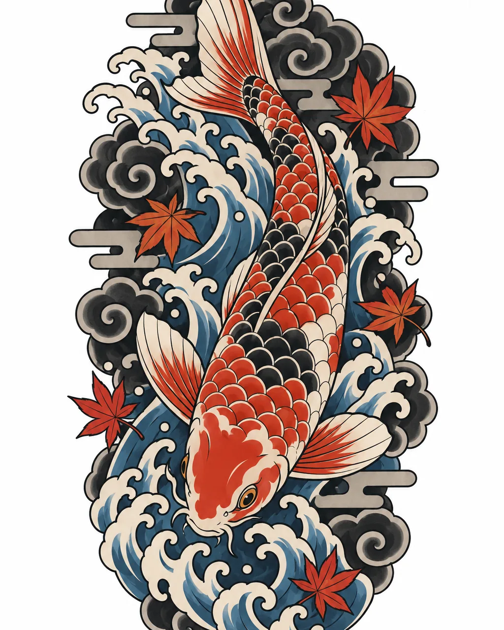 Japanese koi fish tattoo design diving through waves and maple leaves, for the upper arm