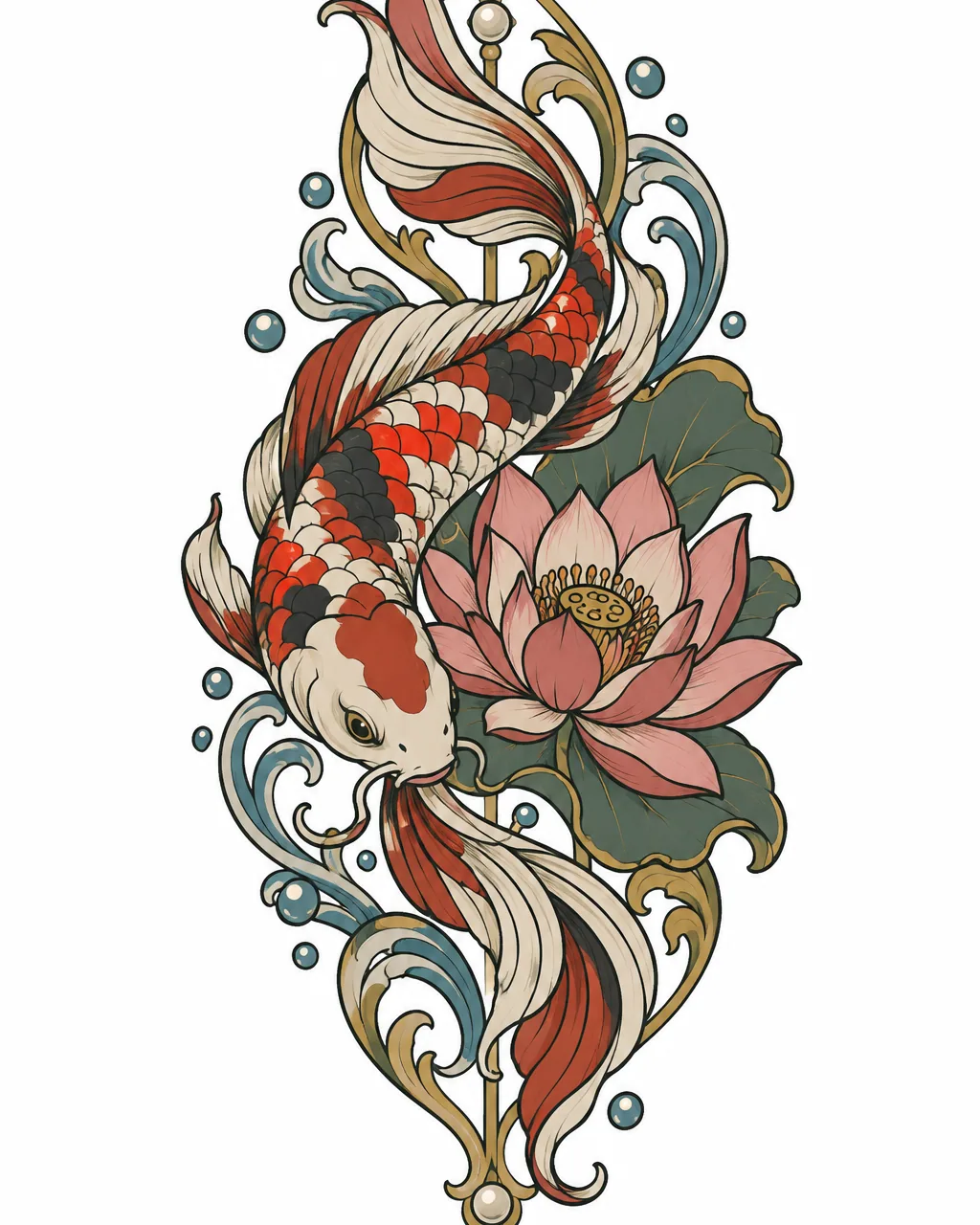 Neo-traditional koi fish tattoo design with ornate fins and a lotus, for the forearm