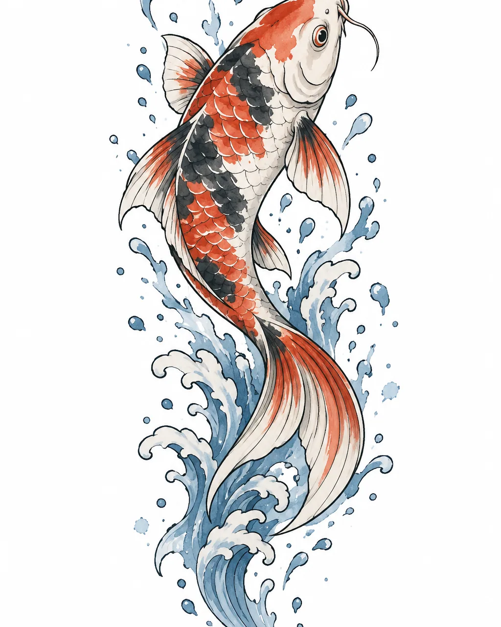 Watercolor koi fish tattoo design leaping in a spray of droplets, for the forearm