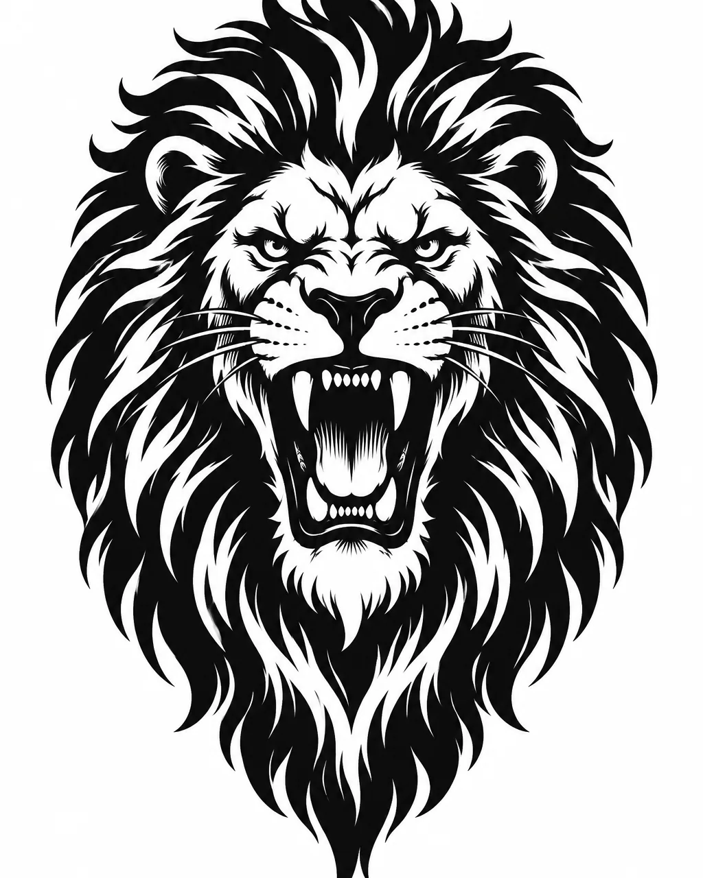 Blackwork roaring lion tattoo design with a flaring mane, for the upper arm