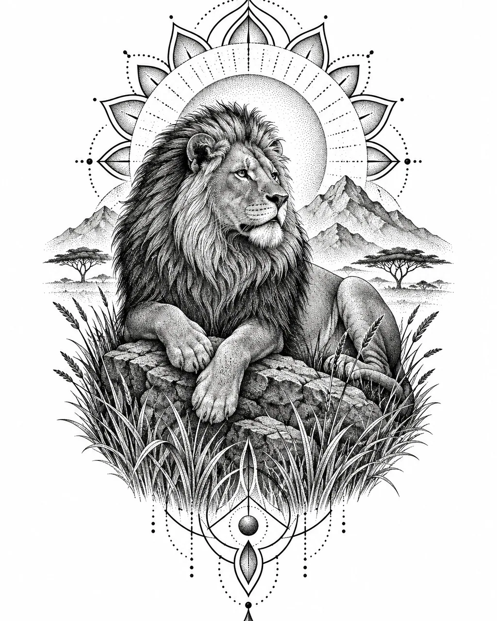 Dotwork lion tattoo design resting on a rocky outcrop, for the calf