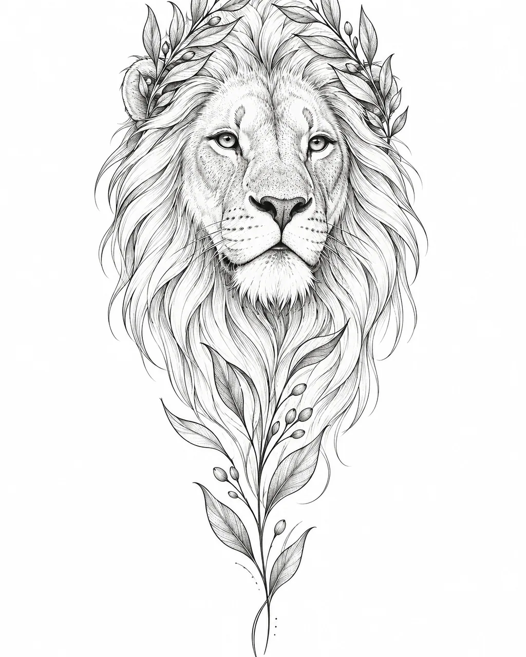 Fine line lion tattoo design wearing a laurel crown, for the forearm
