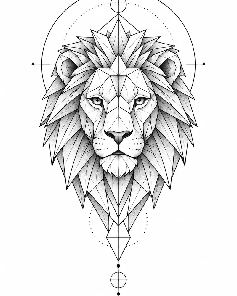 Geometric lion tattoo design with a faceted triangle mane and circle, black ink, for the forearm