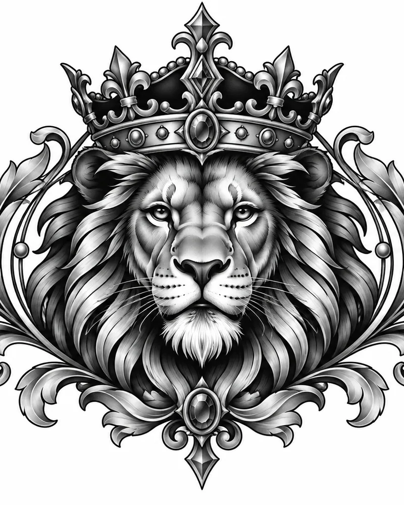 Neo-trad lion tattoo design: a lion head wearing a jeweled crown, black and grey, for the chest