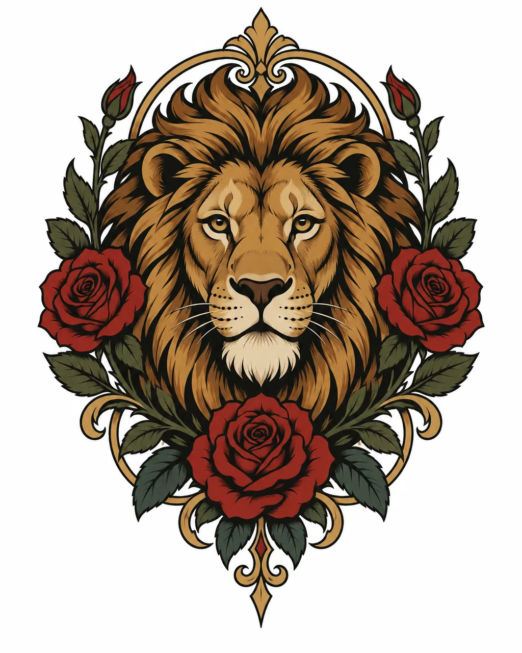 Neo-traditional lion tattoo design framed by red roses, for the upper arm