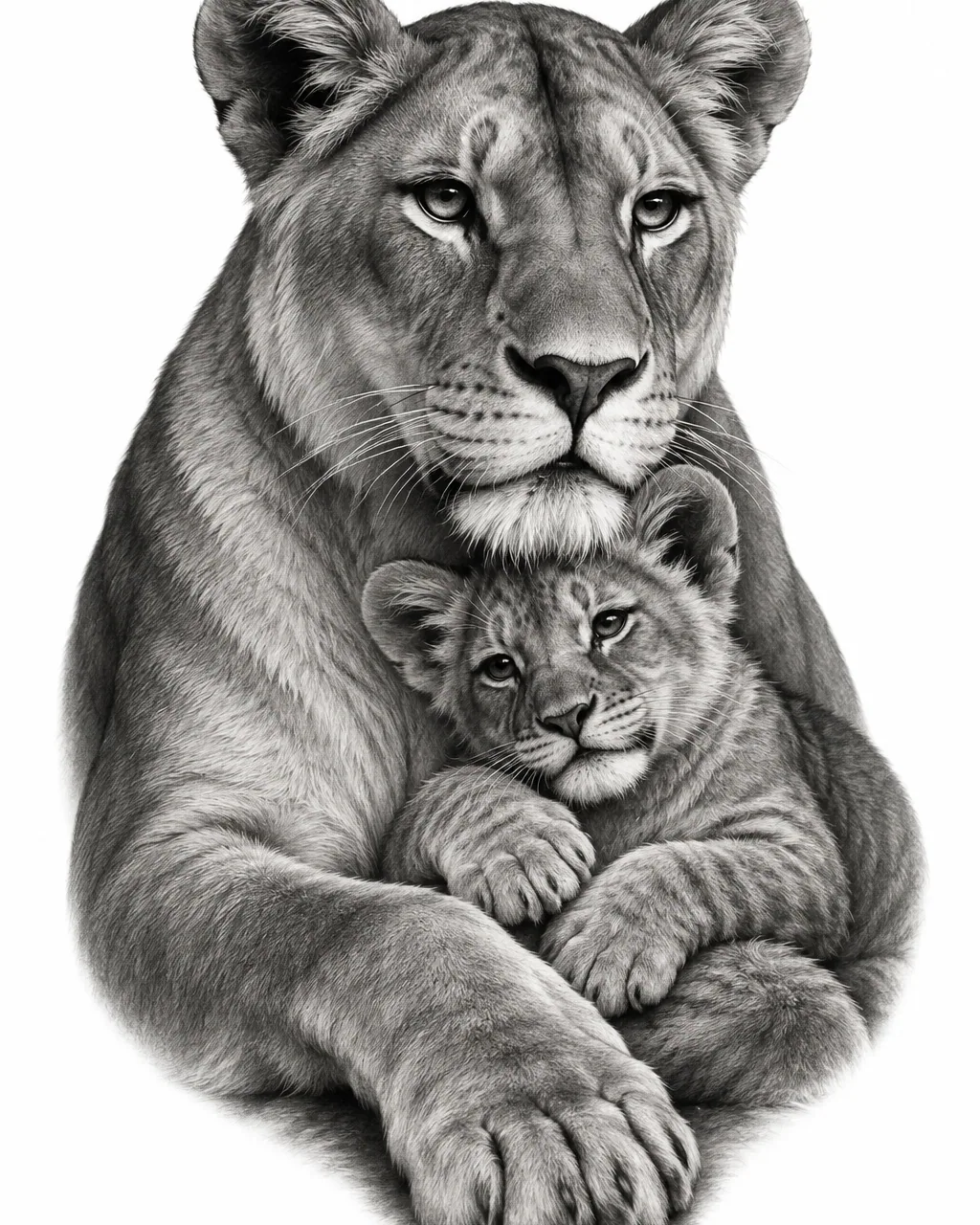 Black and grey realism lion tattoo design of a lioness and cub, for the upper arm