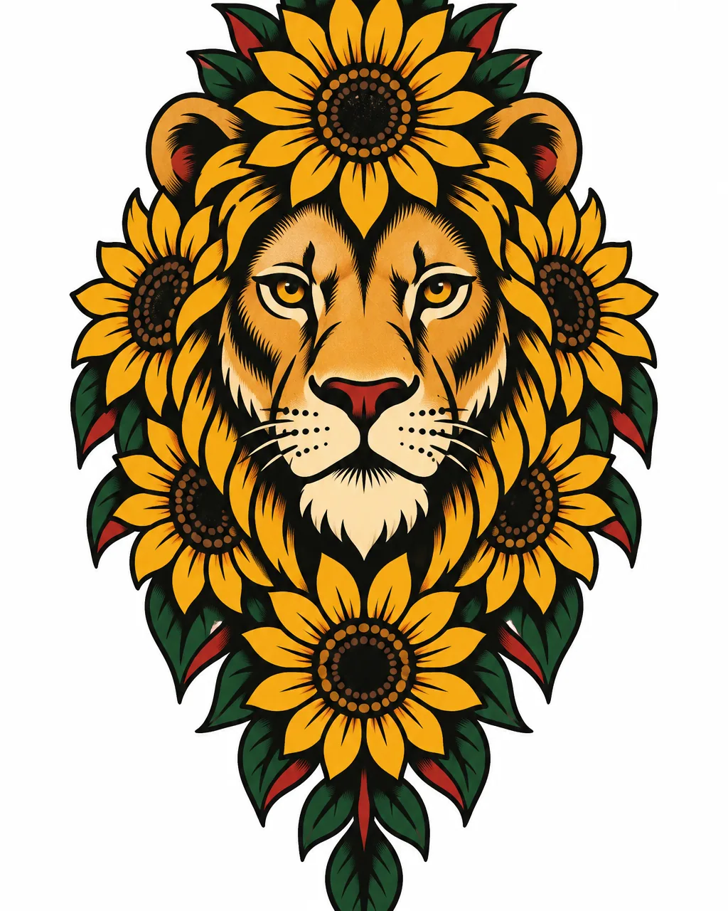 American traditional lion tattoo design with a sunflower mane, for the forearm