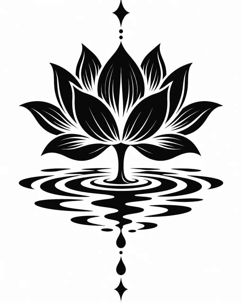 Blackwork lotus silhouette tattoo design above a pond, for the calf