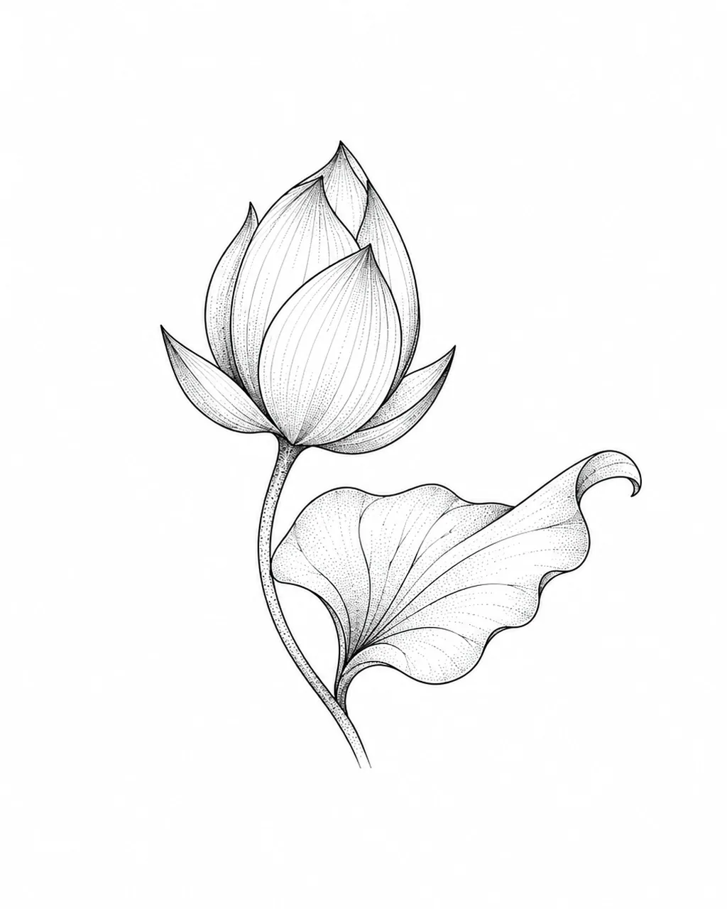 Fine line lotus bud tattoo design with a curling leaf, for the wrist
