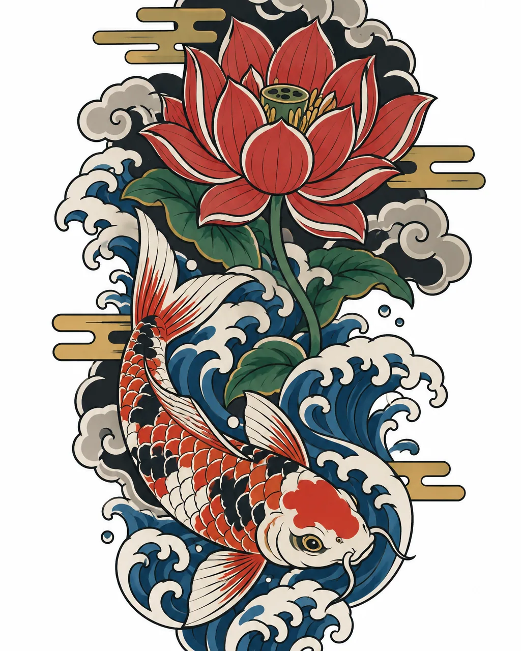 Japanese lotus and koi tattoo design in color, for the calf
