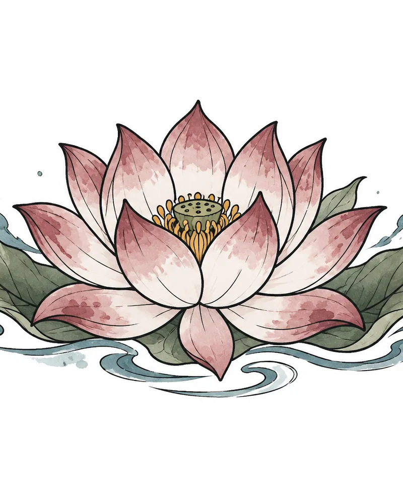 Watercolor lotus tattoo design with dusty rose petals and sage leaves, for the ankle
