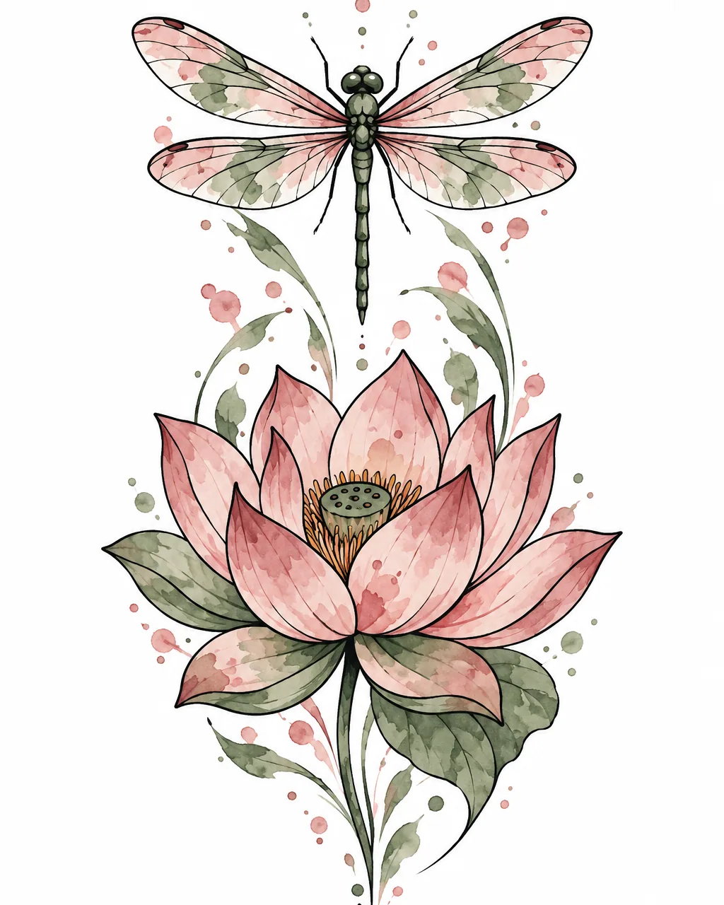 Watercolor lotus tattoo design with a dragonfly, for the upper arm