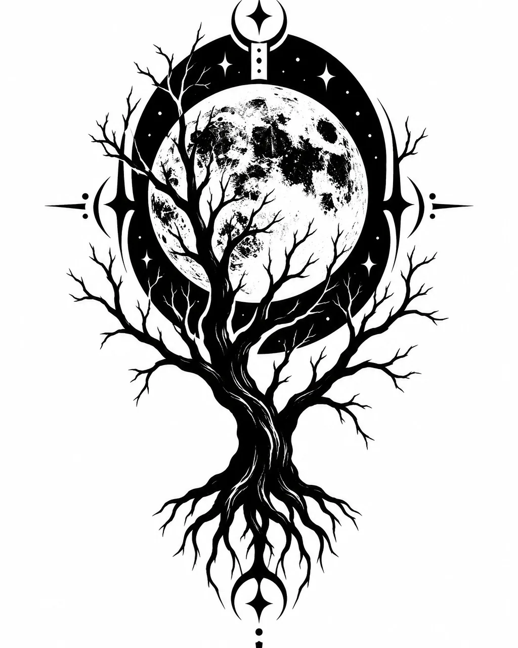 Blackwork full moon tattoo design behind bare branches, for the calf