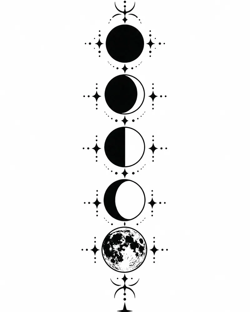 Blackwork moon tattoo design with five moon phases in a column, for the forearm