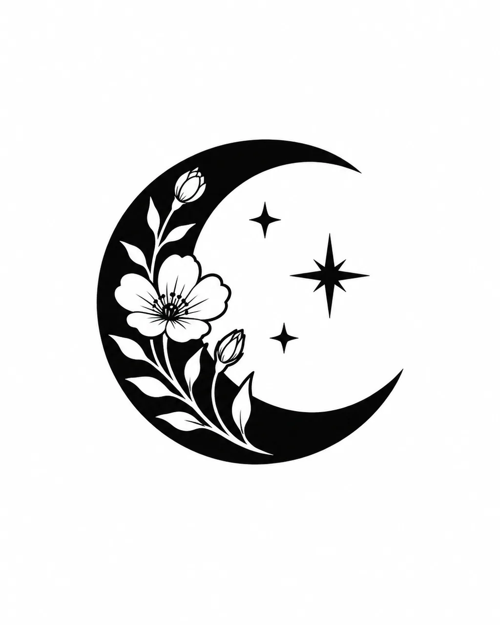 Blackwork moon tattoo design with a negative-space wildflower, for the wrist